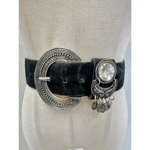 Vintage 90s Black Suede Boho Belt Silver Crescent Buckle Crystal Detail Gypsy